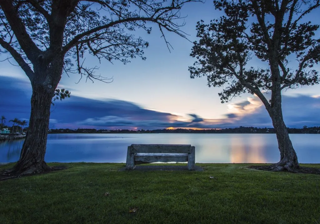 Park bench at sunset, Herald Island