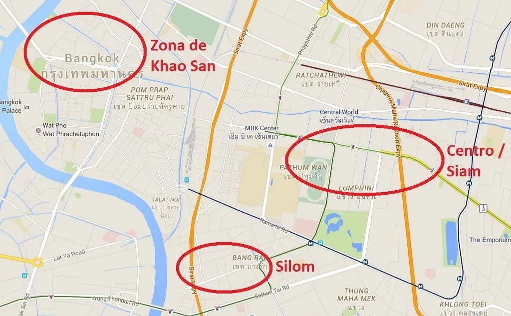 Mapa de zonas recomendables para alojarse en Bangkok
