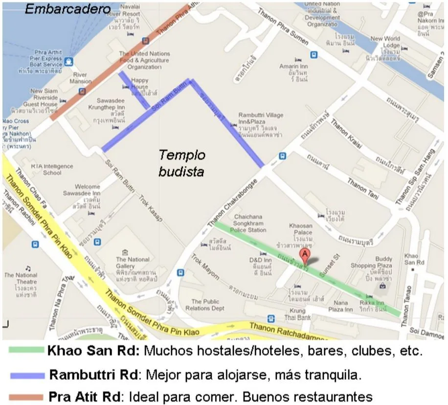 Mapa de Khao San, una de las zonas preferidas por mochileros para alojarse en Bangkok
